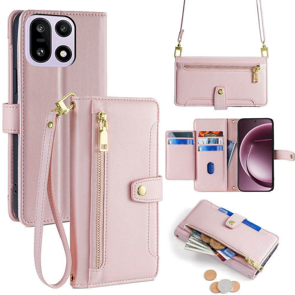 For OnePlus 15 5G Leather Case Zipper Pocket Wallet Phone Cover with 2 Straps