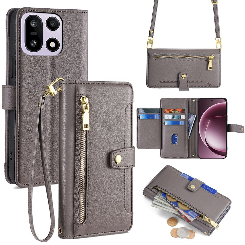 For OnePlus 15 5G Leather Case Zipper Pocket Wallet Phone Cover with 2 Straps