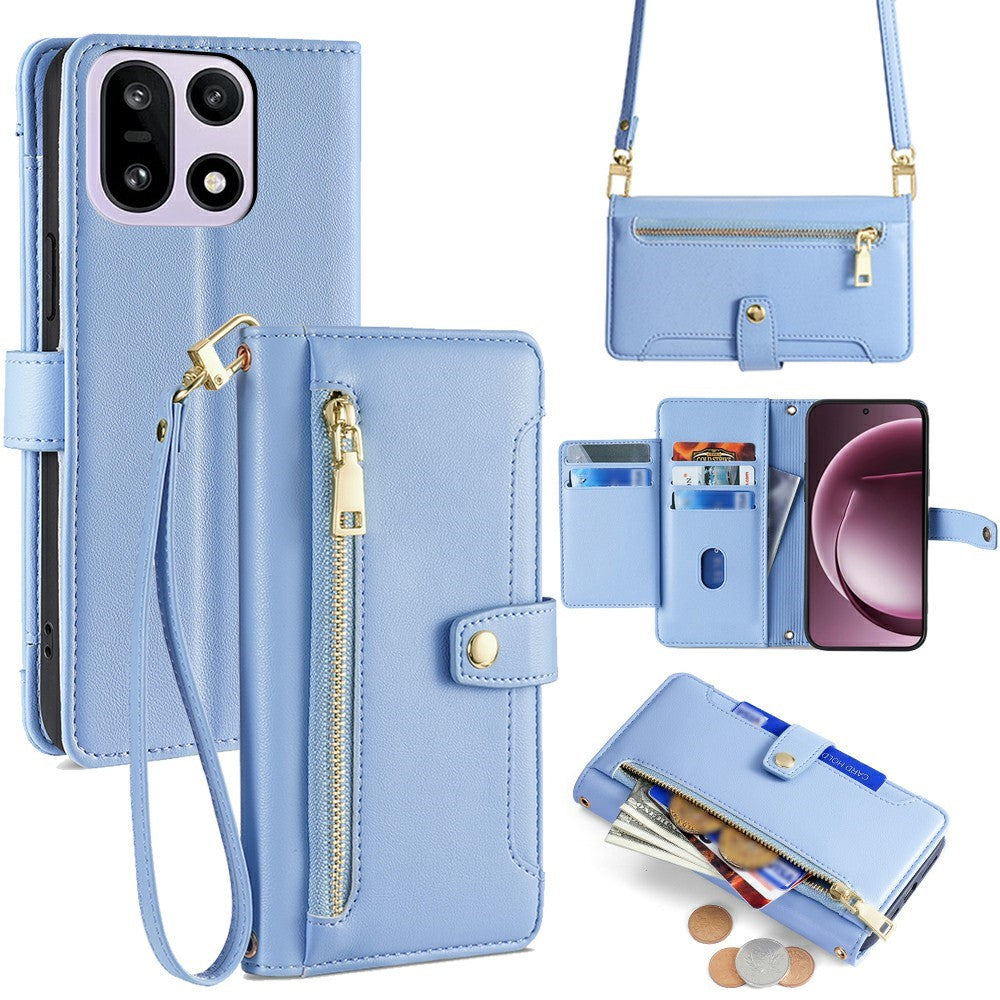 For OnePlus 15 5G Leather Case Zipper Pocket Wallet Phone Cover with 2 Straps