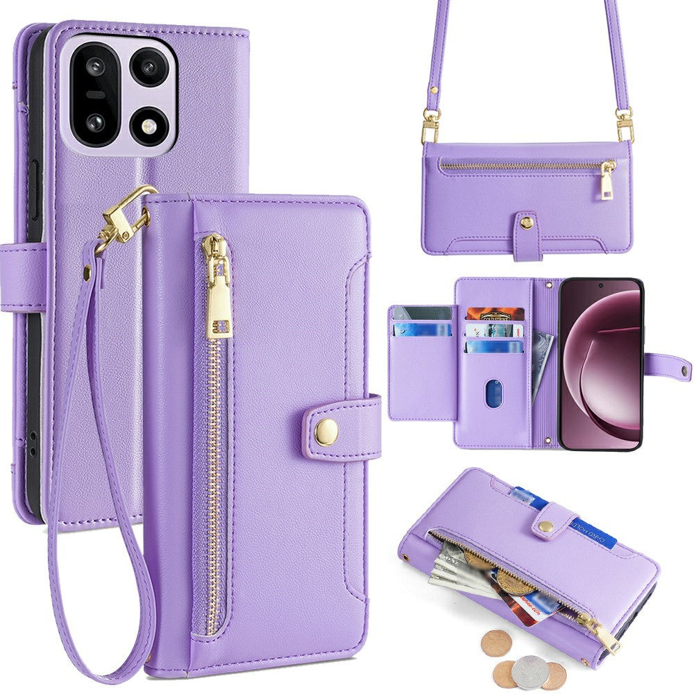 For OnePlus 15 5G Leather Case Zipper Pocket Wallet Phone Cover with 2 Straps