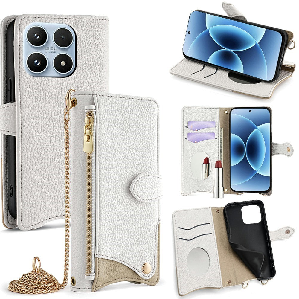 For Xiaomi 17 Leather Case Wallet Stand Cover Irregular Tail Style with Chain Strap