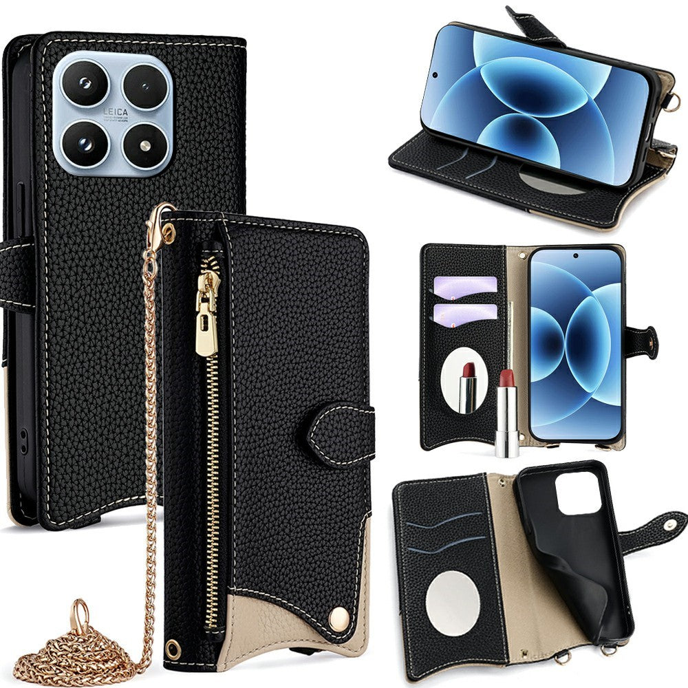 For Xiaomi 17 Leather Case Wallet Stand Cover Irregular Tail Style with Chain Strap