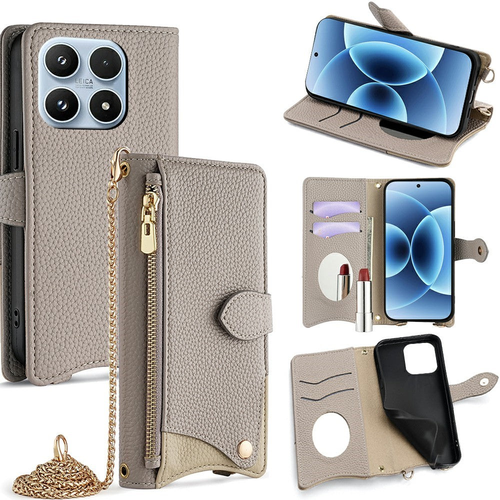 For Xiaomi 17 Leather Case Wallet Stand Cover Irregular Tail Style with Chain Strap