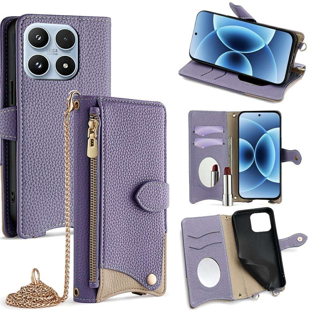 For Xiaomi 17 Leather Case Wallet Stand Cover Irregular Tail Style with Chain Strap