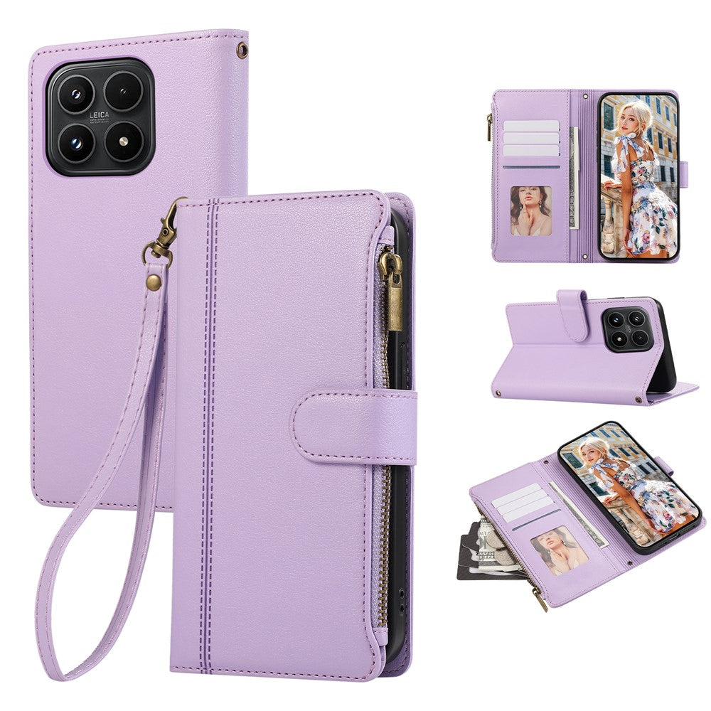 For Xiaomi 17 Case Multi Card Slots Zipper Leather Phone Cover with Wrist Strap