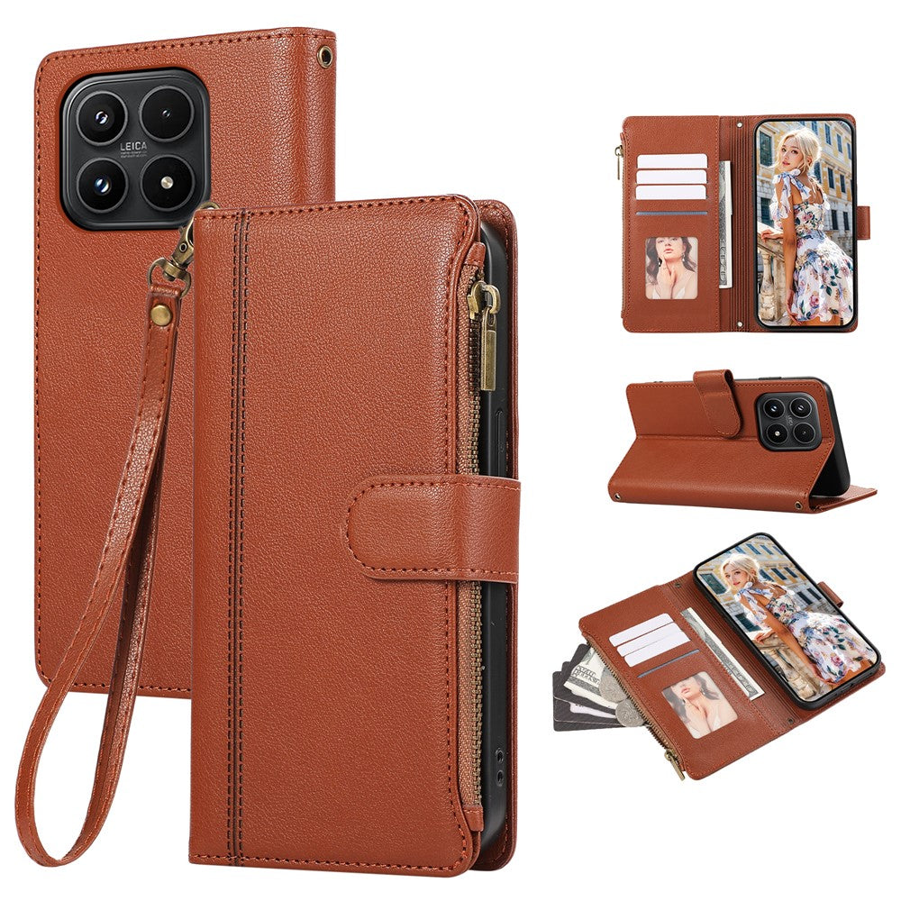 For Xiaomi 17 Case Multi Card Slots Zipper Leather Phone Cover with Wrist Strap