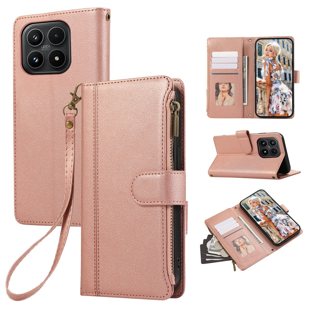 For Xiaomi 17 Case Multi Card Slots Zipper Leather Phone Cover with Wrist Strap