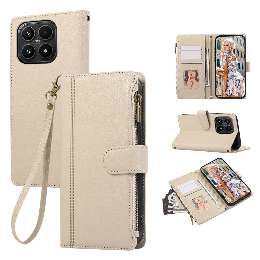 For Xiaomi 17 Case Multi Card Slots Zipper Leather Phone Cover with Wrist Strap