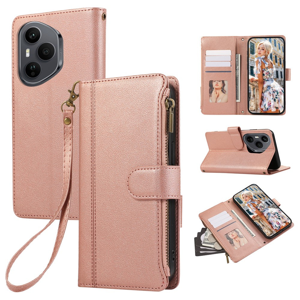 For Honor 400 Pro 5G (Global) Case Multi Card Slots Zipper Leather Phone Cover with Wrist Strap