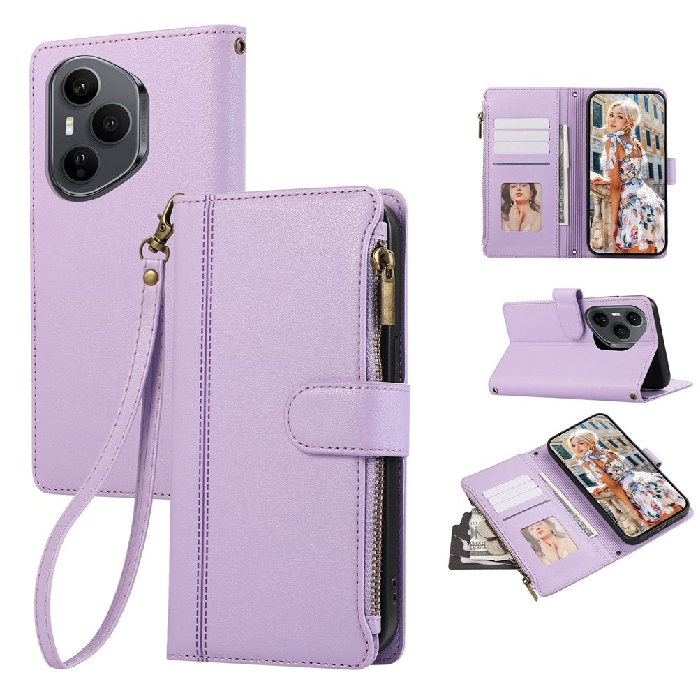 For Honor 400 Pro 5G (Global) Case Multi Card Slots Zipper Leather Phone Cover with Wrist Strap