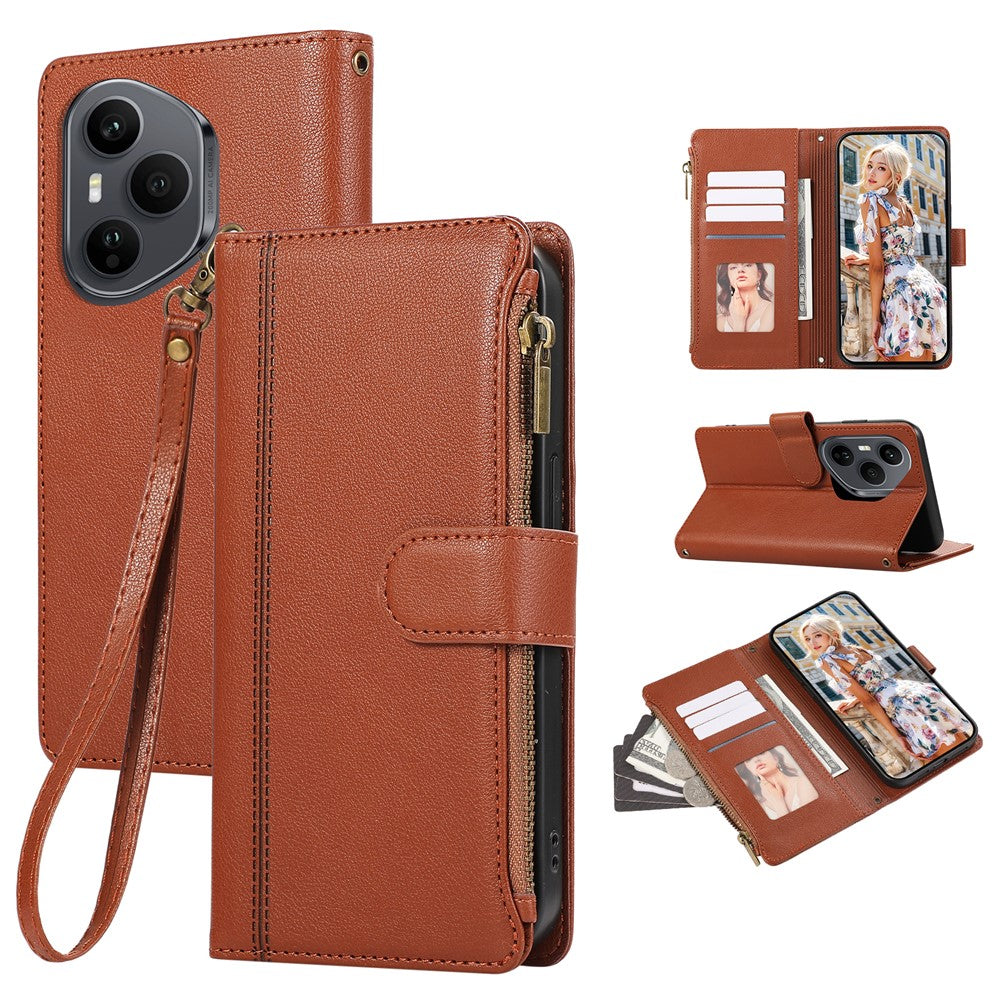 For Honor 400 Pro 5G (Global) Case Multi Card Slots Zipper Leather Phone Cover with Wrist Strap