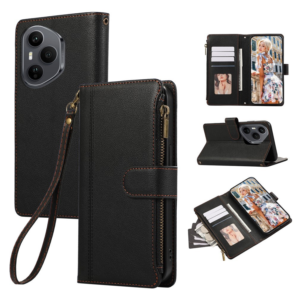 For Honor 400 Pro 5G (Global) Case Multi Card Slots Zipper Leather Phone Cover with Wrist Strap