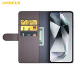 AMORUS For Samsung Galaxy S24 Ultra Stand Cases Calf Texture Genuine Split Leather Wallet Phone Cover
