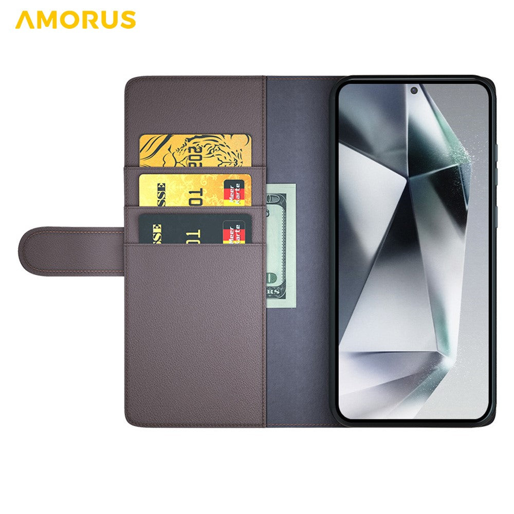 AMORUS For Samsung Galaxy S24 Ultra Stand Cases Calf Texture Genuine Split Leather Wallet Phone Cover