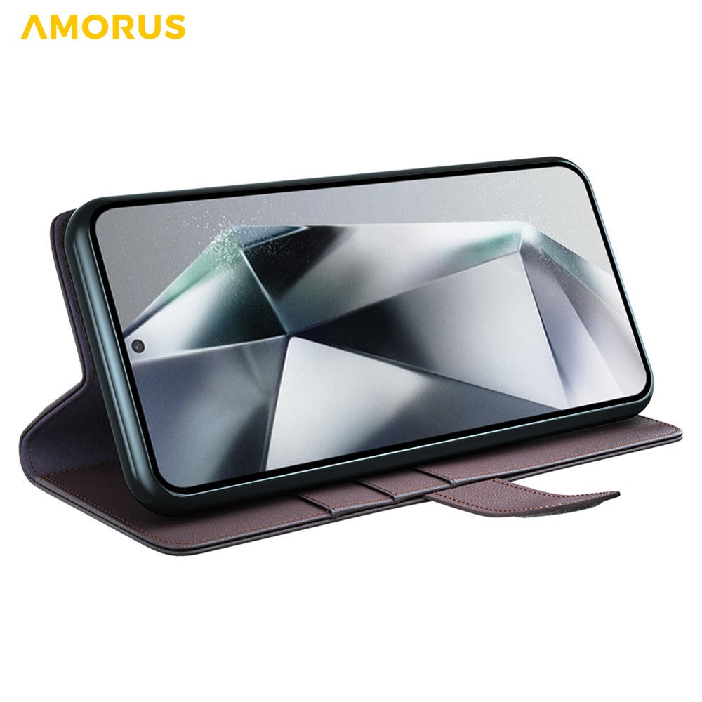 AMORUS For Samsung Galaxy S24 Ultra Stand Cases Calf Texture Genuine Split Leather Wallet Phone Cover