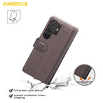 AMORUS For Samsung Galaxy S24 Ultra Stand Cases Calf Texture Genuine Split Leather Wallet Phone Cover