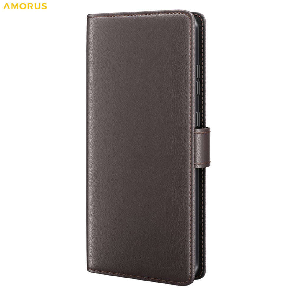 AMORUS For Samsung Galaxy S24 Ultra Stand Cases Calf Texture Genuine Split Leather Wallet Phone Cover