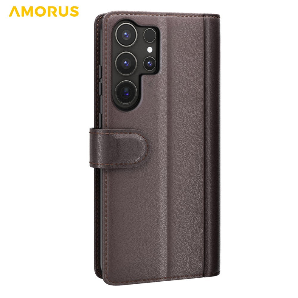 AMORUS For Samsung Galaxy S24 Ultra Stand Cases Calf Texture Genuine Split Leather Wallet Phone Cover