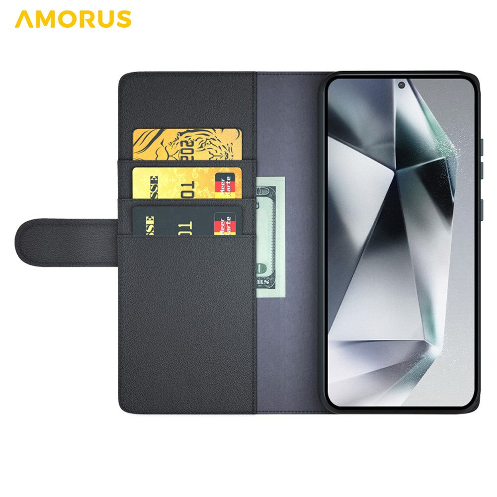 AMORUS Til Samsung Galaxy S22 Ultra 5G Ståcovers Kalvetekstur Ægte Spaltet Læder Pung Telefoncover