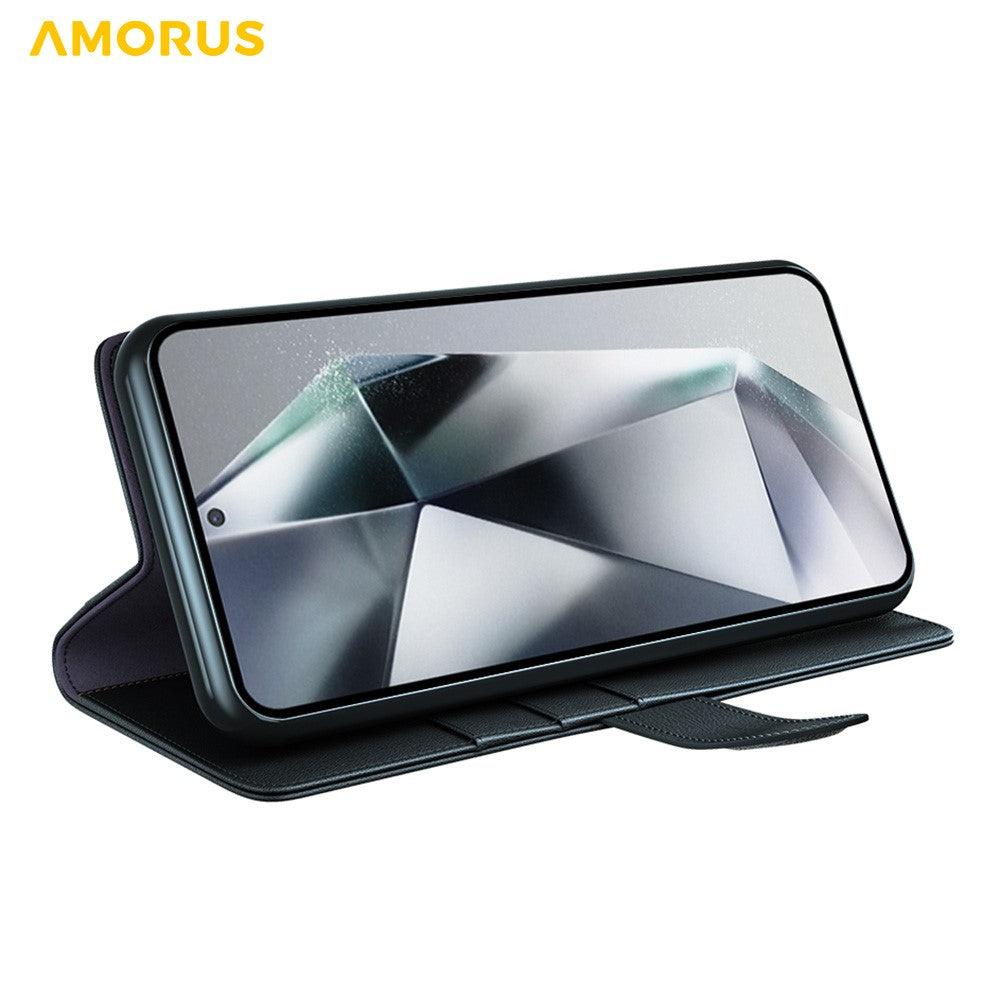 AMORUS Til Samsung Galaxy S22 Ultra 5G Ståcovers Kalvetekstur Ægte Spaltet Læder Pung Telefoncover