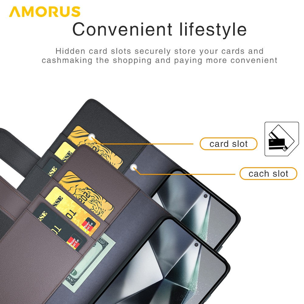 AMORUS Til Samsung Galaxy S22 Ultra 5G Ståcovers Kalvetekstur Ægte Spaltet Læder Pung Telefoncover
