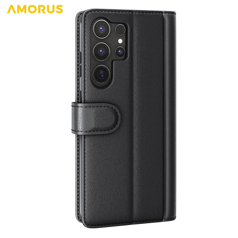 AMORUS Til Samsung Galaxy S22 Ultra 5G Ståcovers Kalvetekstur Ægte Spaltet Læder Pung Telefoncover