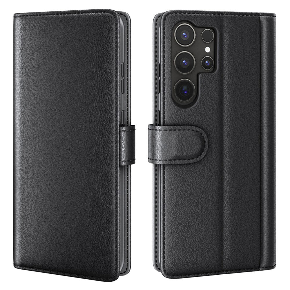 AMORUS för Samsung Galaxy S26 Ultra Stativfodral Kalvstruktur Äkta Delat Läder Plånbok Telefonfodral