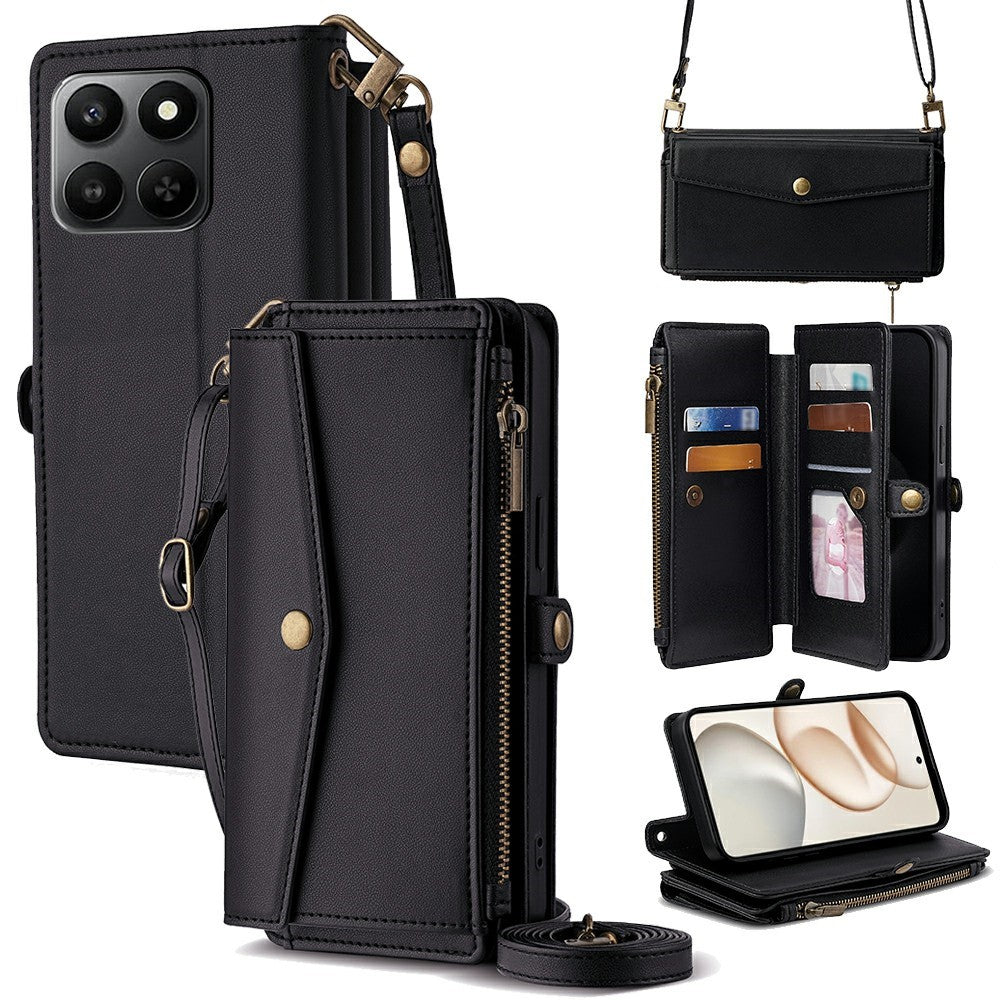 PU Leather Case for Honor 400 Smart 5G / 400 Smart 4G / X7d 4G Card Slots Zipper Purse Phone Cover with Shoulder Strap
