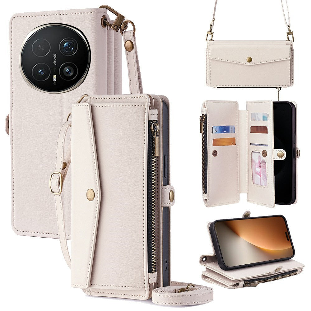 For Honor Magic8 Pro 5G Case Card Slots Zipper Purse PU Leather Phone Cover with Shoulder Strap