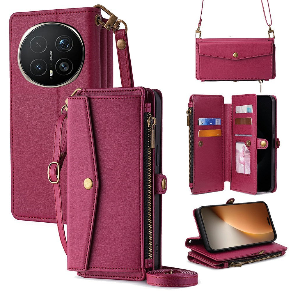 For Honor Magic8 Pro 5G Case Card Slots Zipper Purse PU Leather Phone Cover with Shoulder Strap
