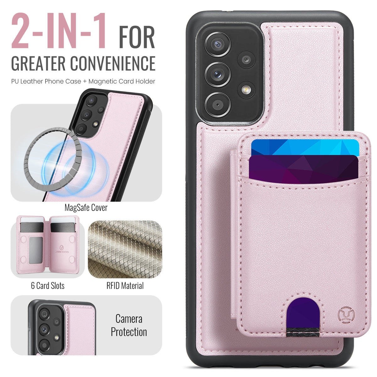 JEEHOOD För Samsung Galaxy A52 5G / Galaxy A52s 5G / Galaxy A52 4G Magnetiskt Skal J10 Läder Baksida mobilskal med Avtagbar Korthållare Stöd