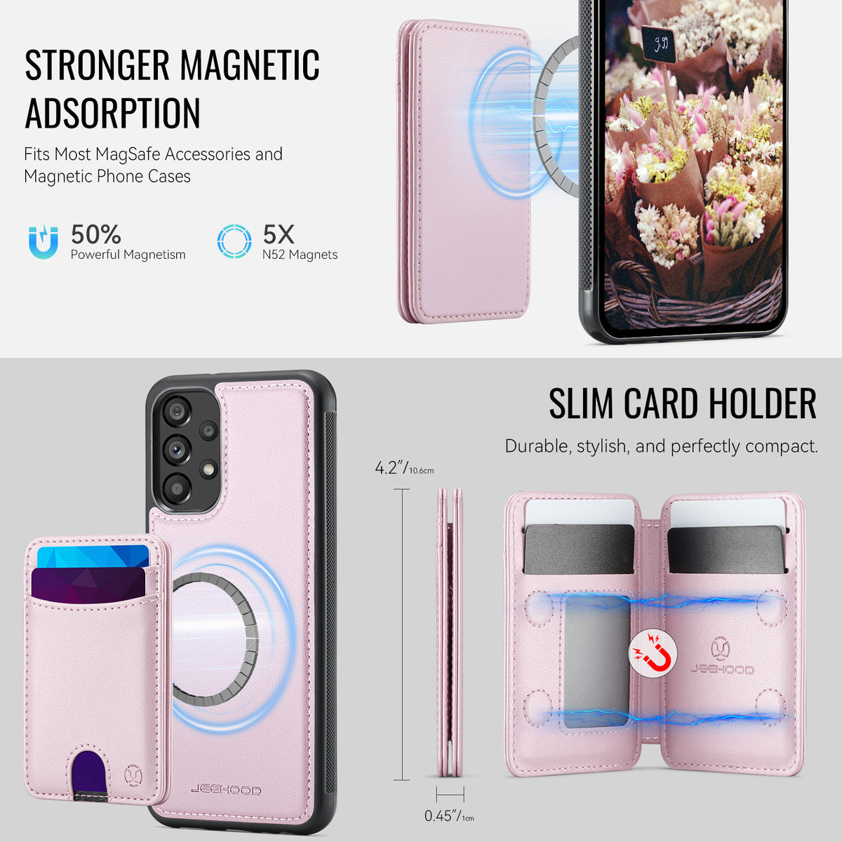 JEEHOOD För Samsung Galaxy A52 5G / Galaxy A52s 5G / Galaxy A52 4G Magnetiskt Skal J10 Läder Baksida mobilskal med Avtagbar Korthållare Stöd