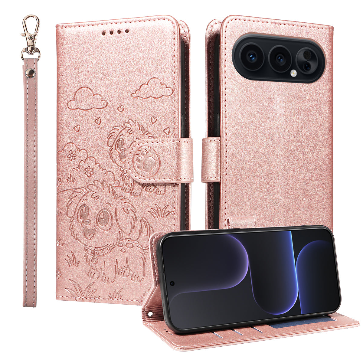 For Honor 500 Pro 5G / Honor 500 5G Cover RFID Blokerende Præget Hundemønster PU Læder Telefoncover med Håndledsrem