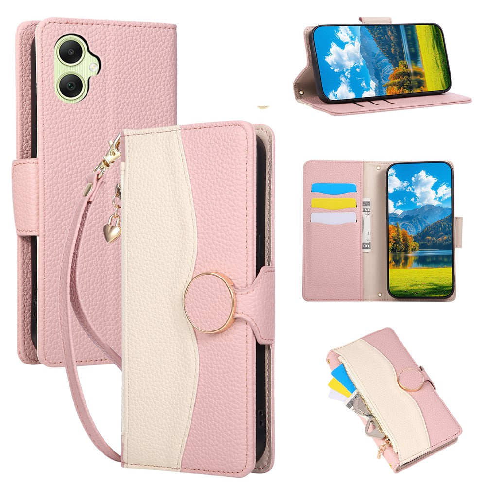 Til Samsung Galaxy A08 5G / A08 4G / A07 4G etui Lynlås Pung Farve Splejsning TPU PU Læder Flip Telefon Cover med Rem