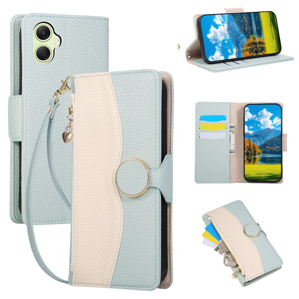Til Samsung Galaxy A08 5G / A08 4G / A07 4G etui Lynlås Pung Farve Splejsning TPU PU Læder Flip Telefon Cover med Rem