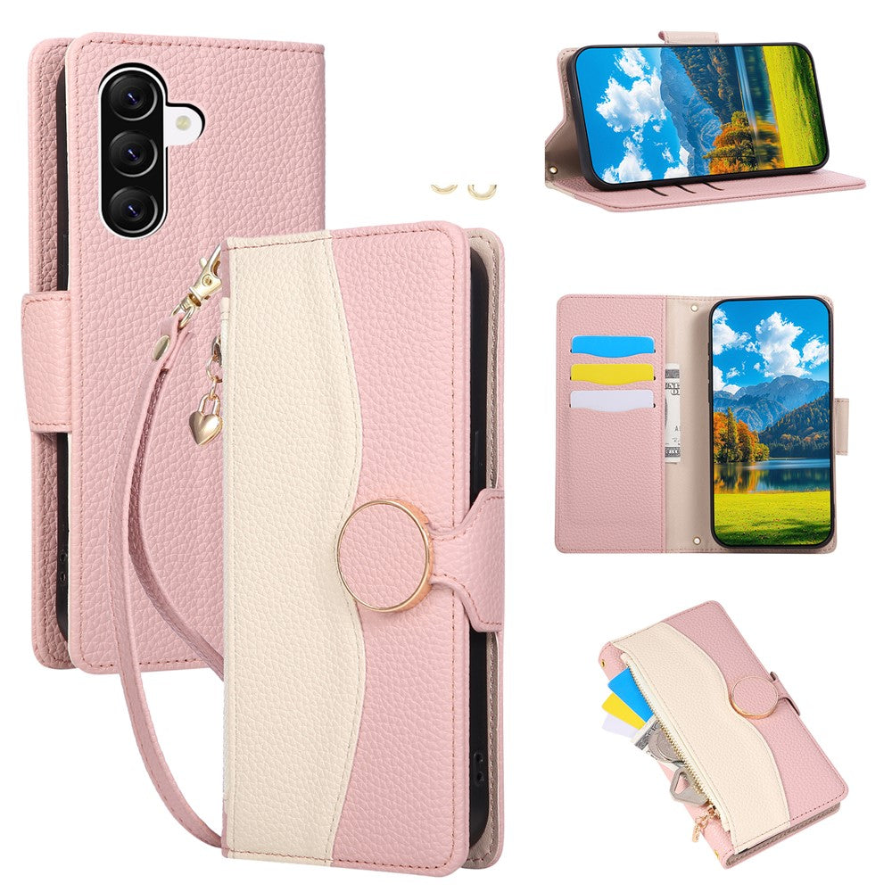 For Samsung Galaxy A57 5G Case Zipper Wallet Color Splicing TPU PU Leather Flip Phone Cover with Strap