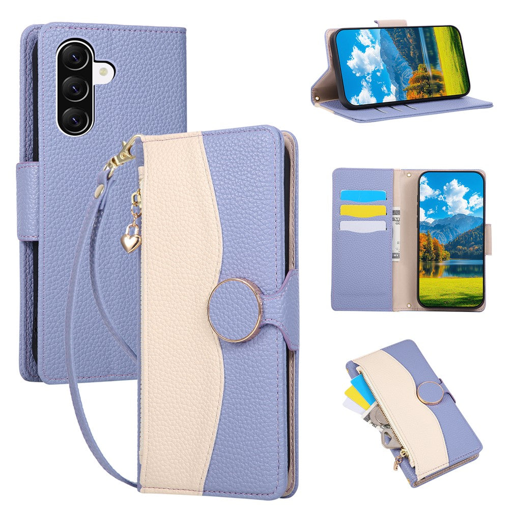 For Samsung Galaxy A57 5G Case Zipper Wallet Color Splicing TPU PU Leather Flip Phone Cover with Strap