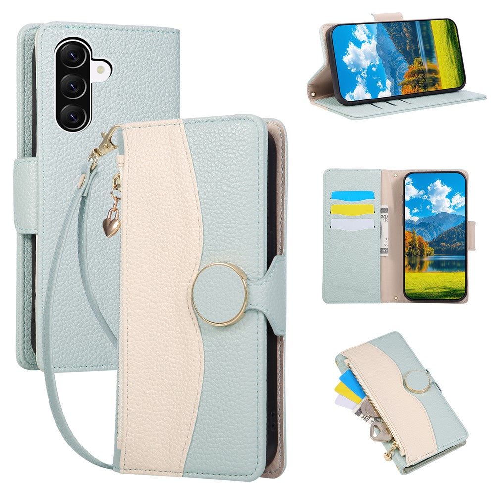 For Samsung Galaxy A57 5G Case Zipper Wallet Color Splicing TPU PU Leather Flip Phone Cover with Strap