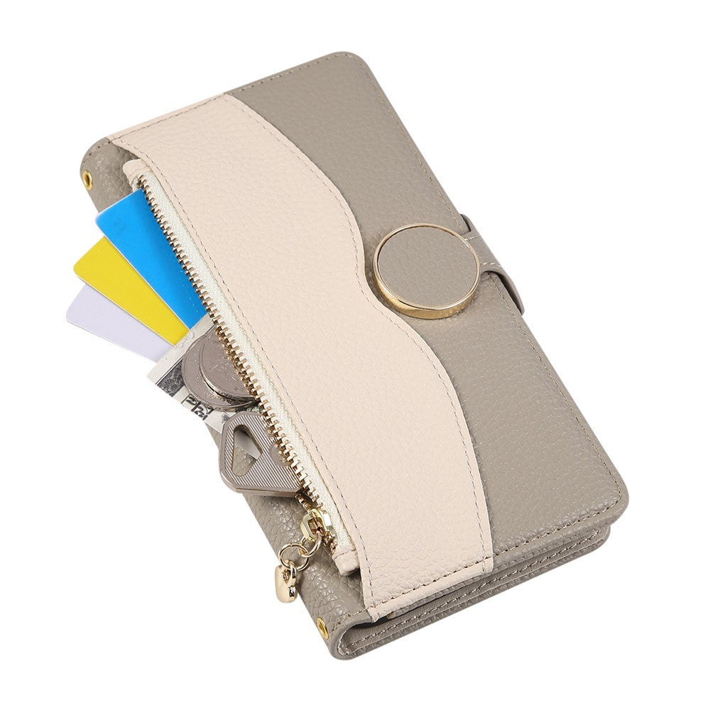 Til Oppo A6 Pro 5G Etui Lynlås Pung Farvesplejsning TPU PU Læder Flip Telefoncover med Rem