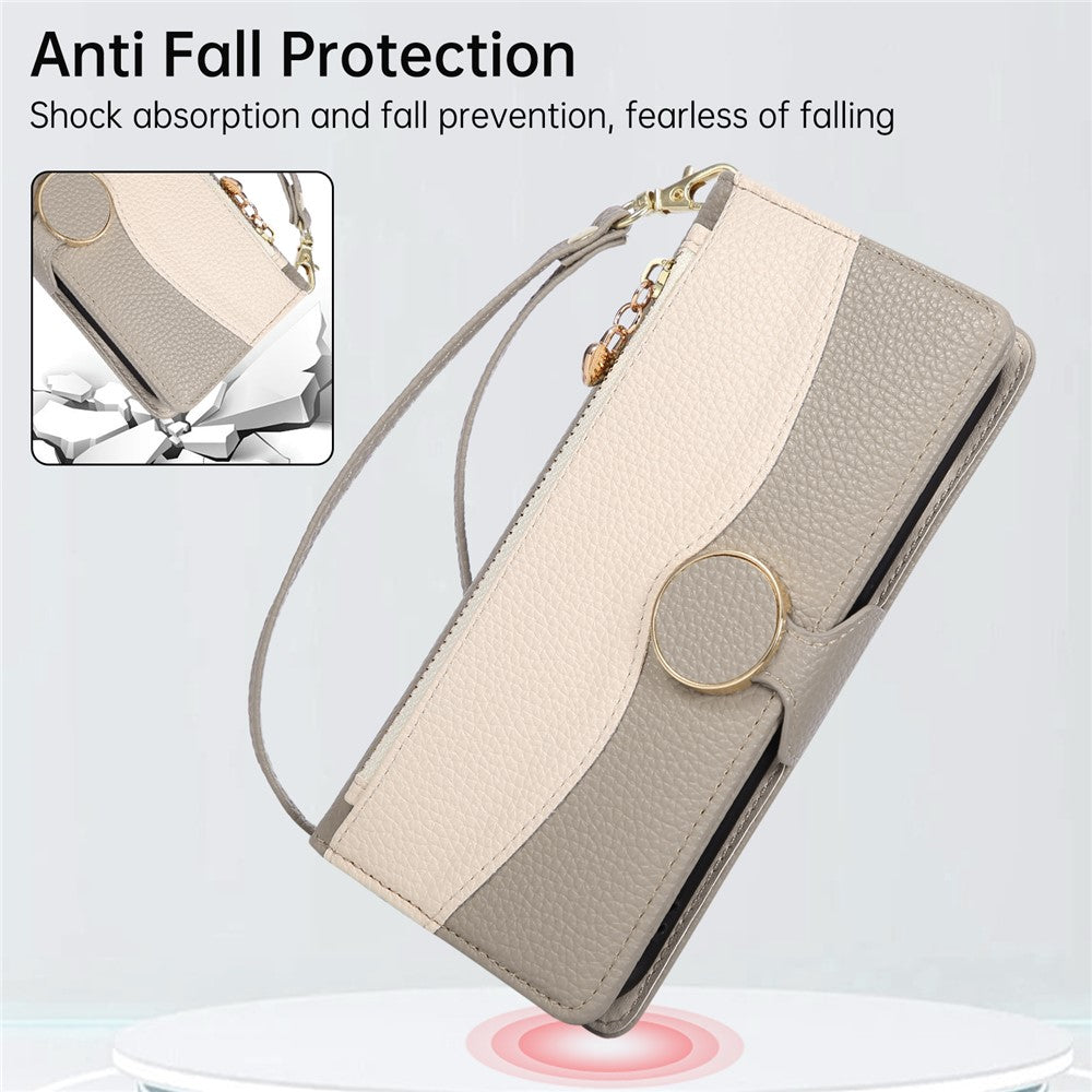 Til Oppo A6 Pro 5G Etui Lynlås Pung Farvesplejsning TPU PU Læder Flip Telefoncover med Rem