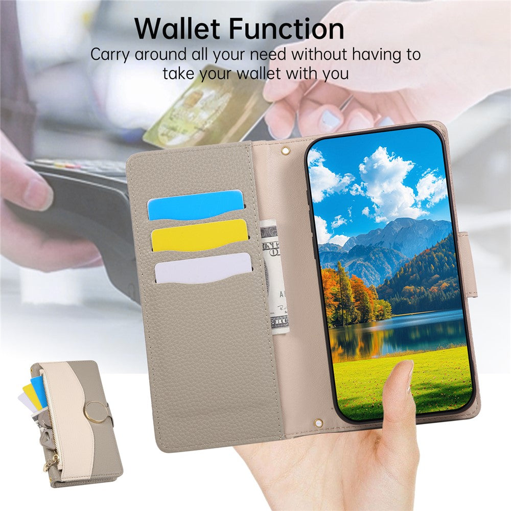 Til Oppo A6 Pro 5G Etui Lynlås Pung Farvesplejsning TPU PU Læder Flip Telefoncover med Rem