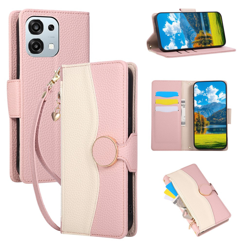 Til Oppo A6 Pro 5G Etui Lynlås Pung Farvesplejsning TPU PU Læder Flip Telefoncover med Rem