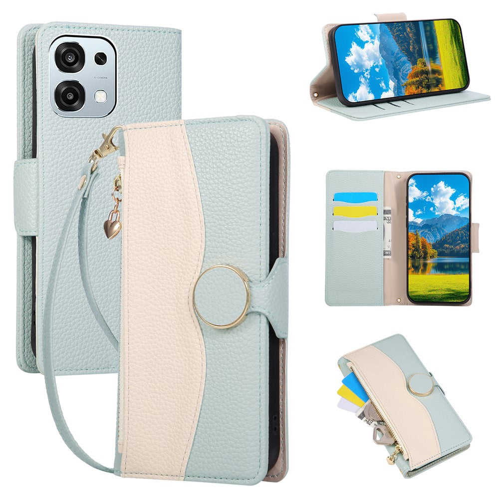 Til Oppo A6 Pro 5G Etui Lynlås Pung Farvesplejsning TPU PU Læder Flip Telefoncover med Rem