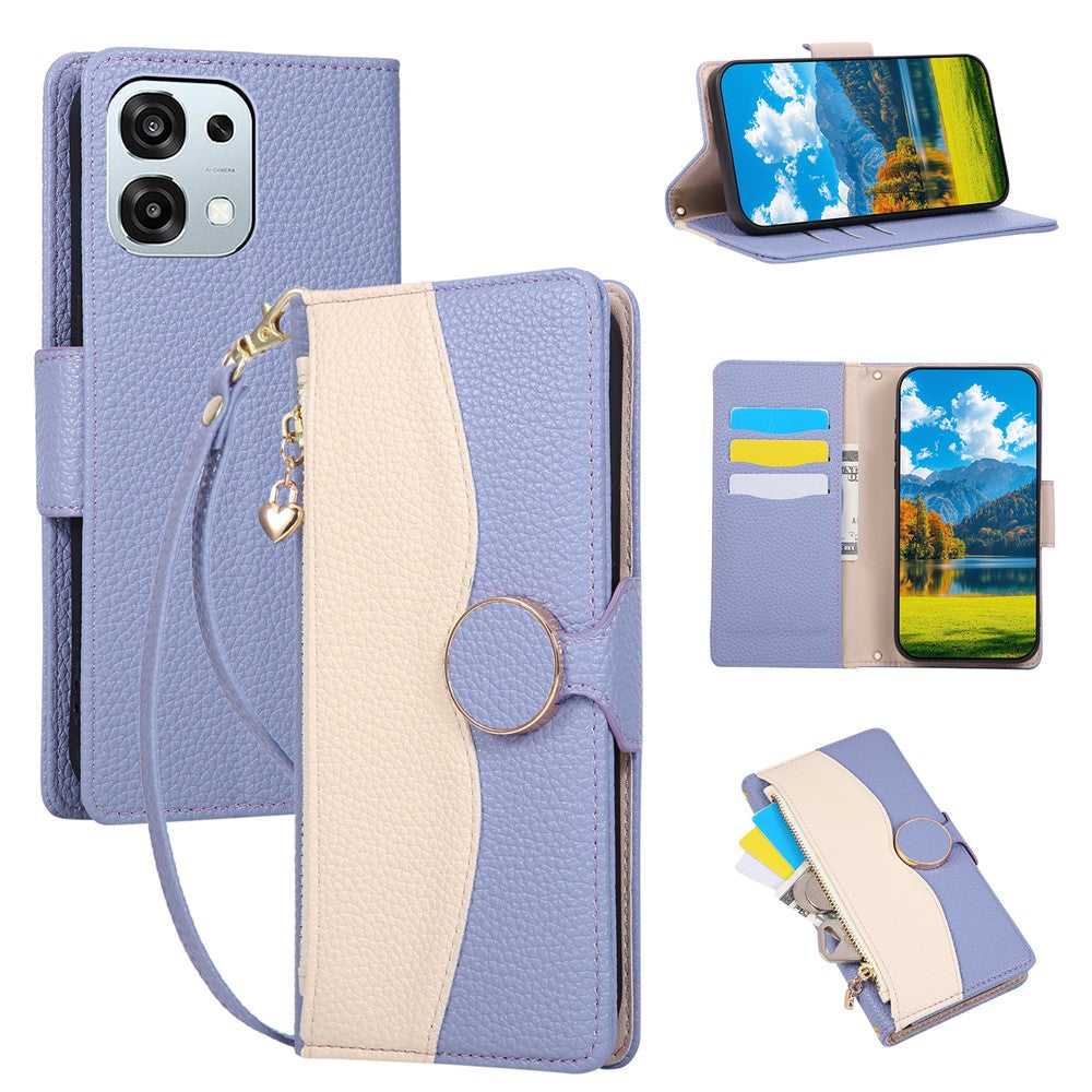Til Oppo A6 Pro 5G Etui Lynlås Pung Farvesplejsning TPU PU Læder Flip Telefoncover med Rem