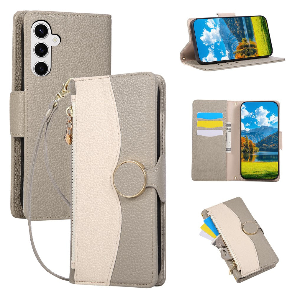 Samsung Galaxy S26-skal med dragkedja, plånbok, färgskarvning, TPU PU-läder, flipfodral med rem