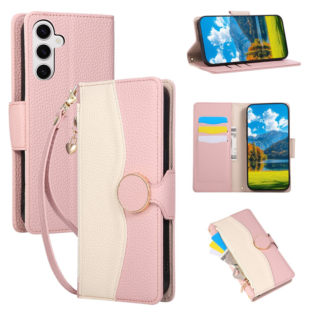For Samsung Galaxy S26 Case Zipper Wallet Color Splicing TPU PU Leather Flip Phone Cover with Strap