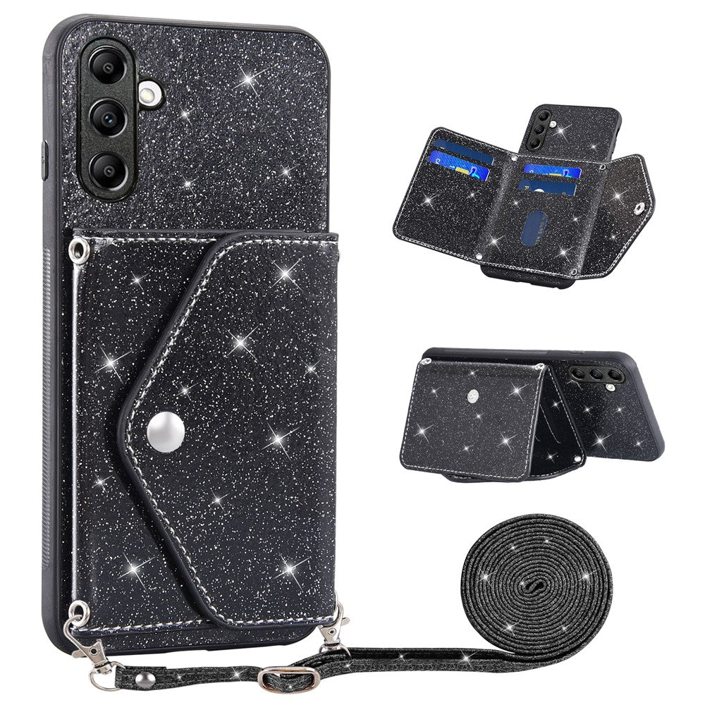 Samsung Galaxy S26 Skal Korthållare Stativ PU Läder + TPU Glitter Mobilskal med Axelrem