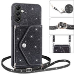 Samsung Galaxy S26 Skal Korthållare Stativ PU Läder + TPU Glitter Mobilskal med Axelrem