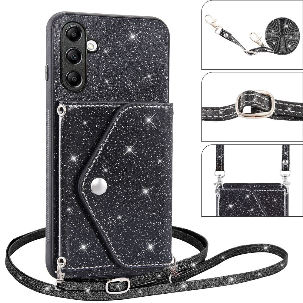 Samsung Galaxy S26 Skal Korthållare Stativ PU Läder + TPU Glitter Mobilskal med Axelrem