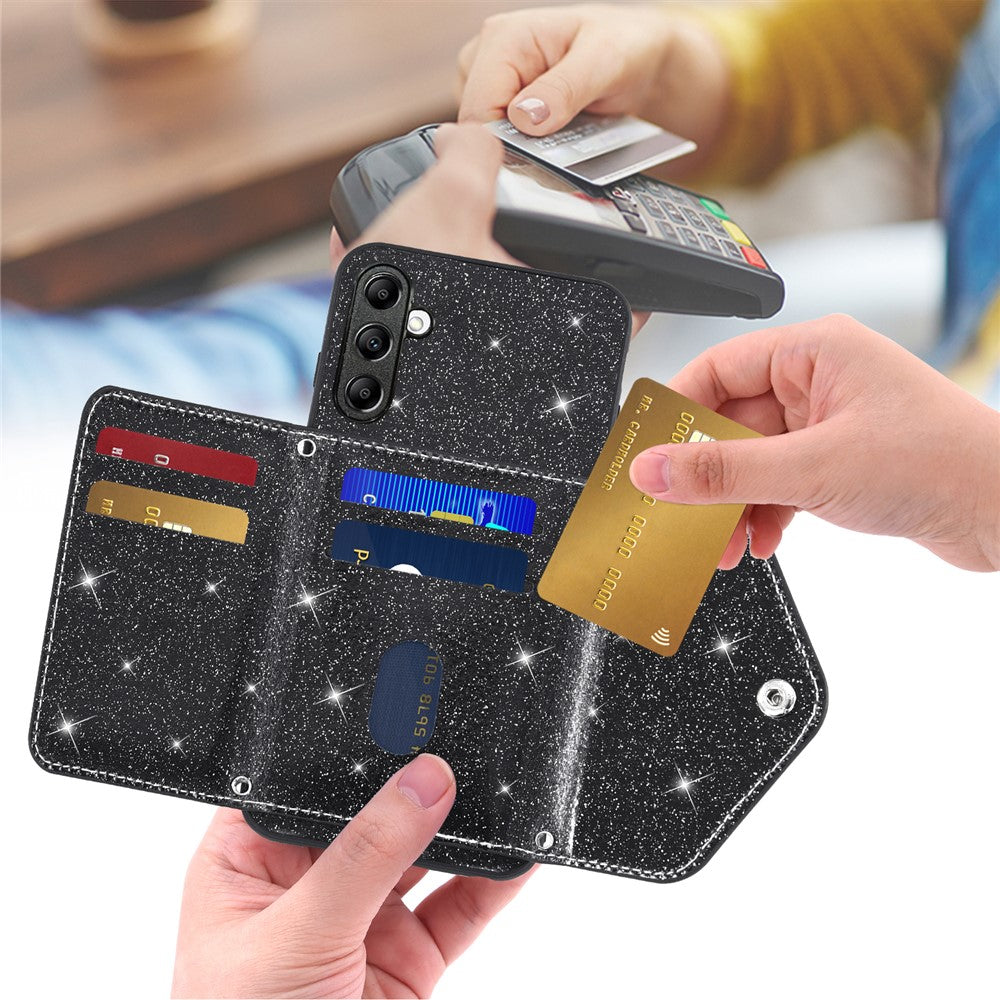 Samsung Galaxy S26 Skal Korthållare Stativ PU Läder + TPU Glitter Mobilskal med Axelrem
